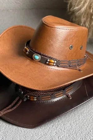 Faux Leather Western Cowboy Hats For Women Men Vintage Gentleman Dress Hats Panama Cowgirl Jazz Cap Sombrero Hombre
