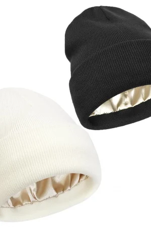 Satin Lined Beanie Hat For Women Winter Silk Lining Slouchy Warm Cuffed Skullies 2Layer Hair Cover Sleep Cap