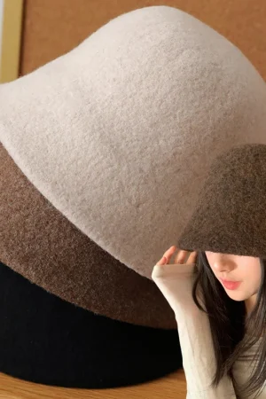 Japanese Real Woolen Vintage Warm Bucket Hats for Women Felt Retro Dome Top Hats Female Fashion British Style Panama Caps Bonnet