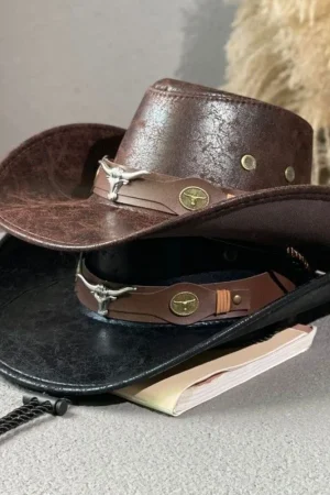 Vintage Western Cowboy Hat Faux Leather Jazz Gentleman Panama Cowgirl Hat for Men Women Retro Style Outdoor Cow Head Decor