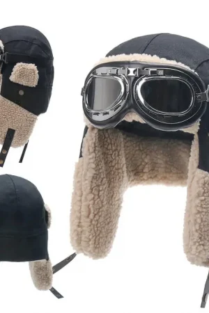 Pilot Hat With Goggles For Winter Skiing Beanie With Ear Protection Windproof Outdoor Ski Hat Warm Caps For Skiing Camping
