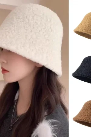 2025 Autumn Winter Wool Bucket Hat Women Fashion Vintage Rabbit Fur Fisherman Hats Soft Warm Wool Basin Cap Korean Panama Hats
