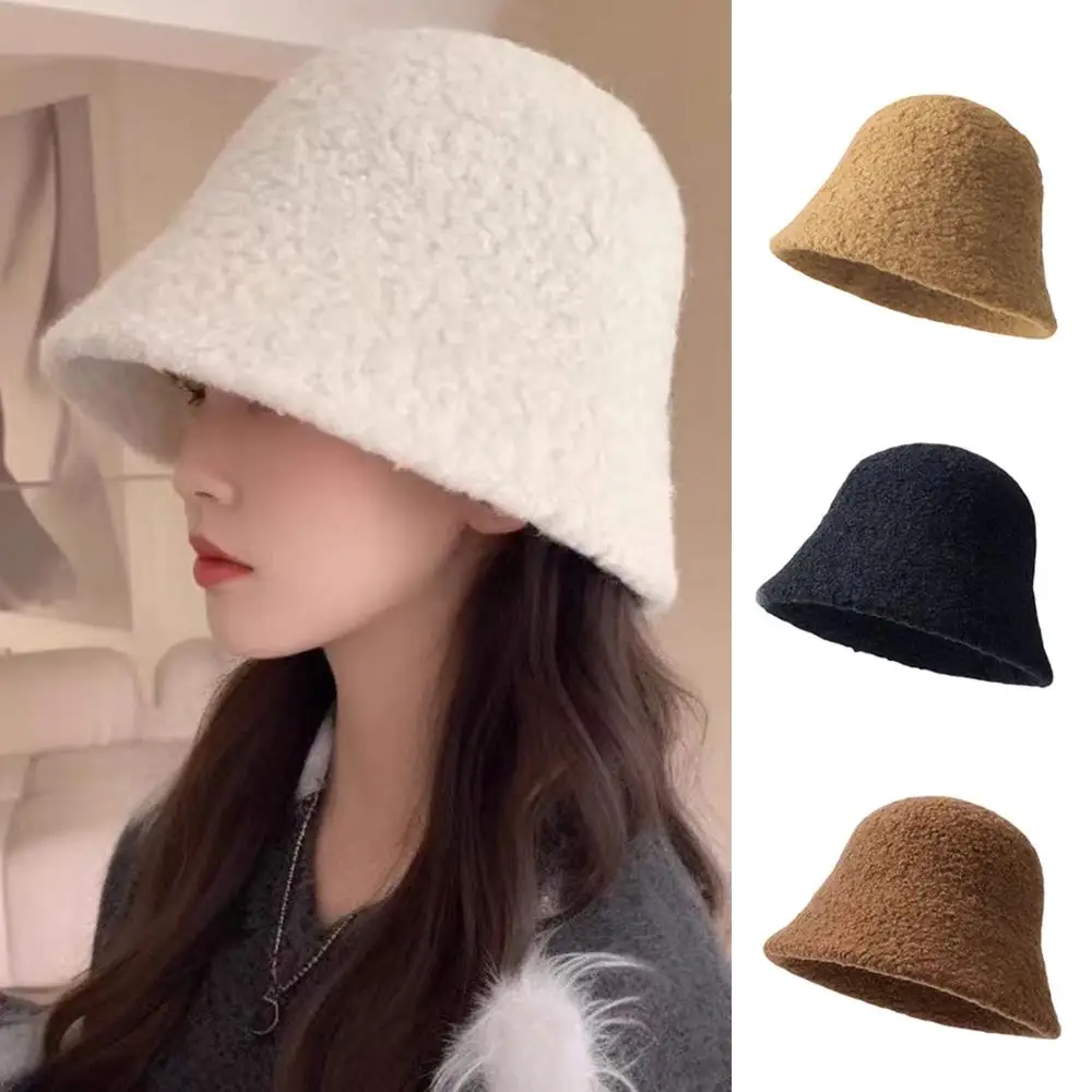 2025 Autumn Winter Wool Bucket Hat Women Fashion Vintage Rabbit Fur Fisherman Hats Soft Warm Wool Basin Cap Korean Panama Hats