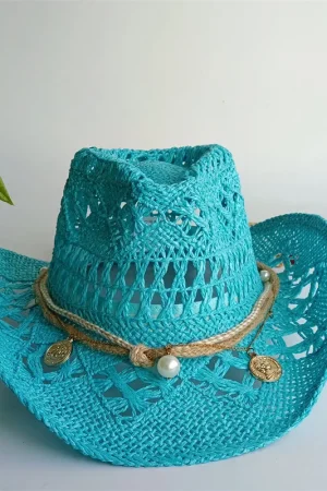 Straw Western Cowboy Hat for Women Men Classic Vintage Hollow Out Unisex Curled Wide Brim Sun Hat Fishing Hat Climbing Cap